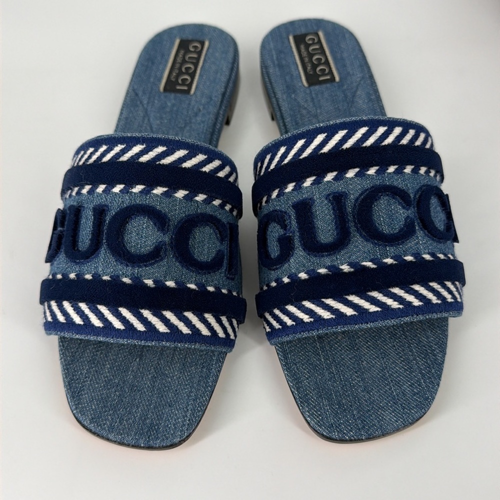 Gucci 39 Denim Jean Jane Logo Blue Stripe Slides Sandals E947 - Picture 3 of 14